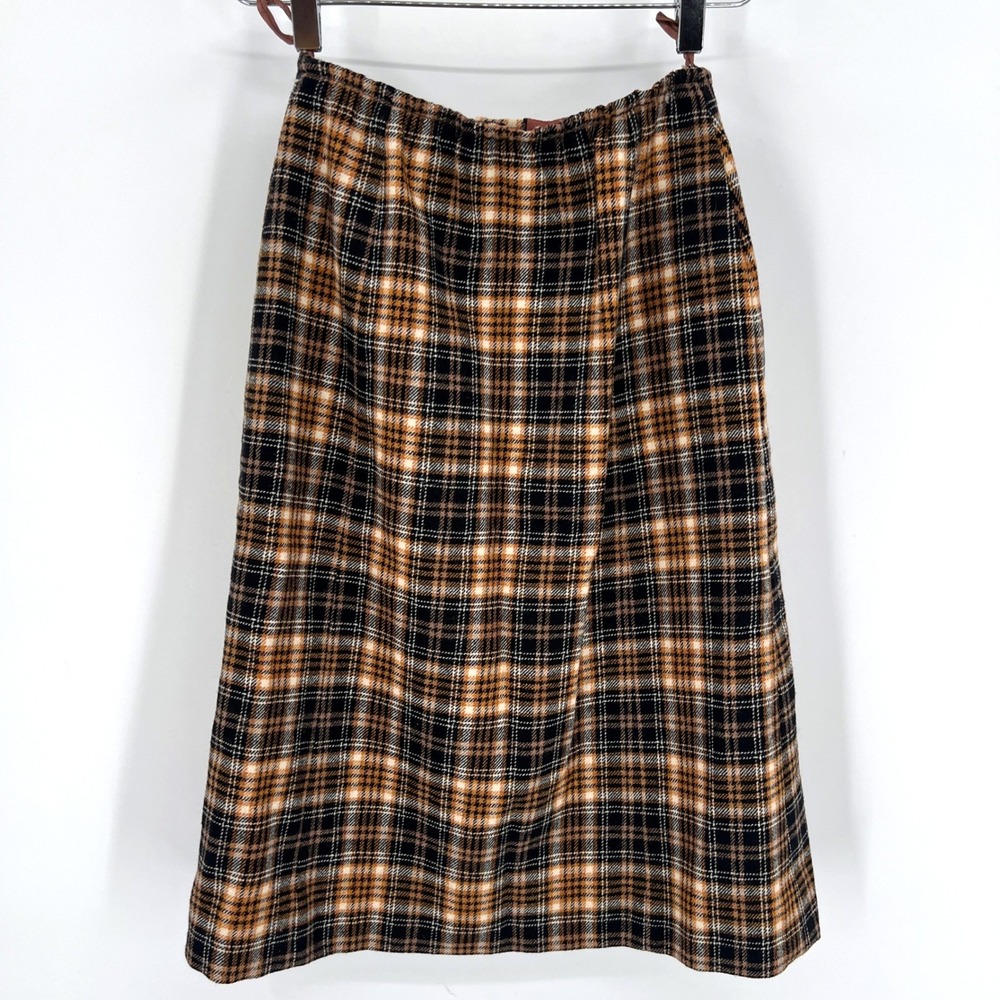 Vintage Pendleton Plaid Skirt Black Tan Rust Size S Wool Made in USA Academia